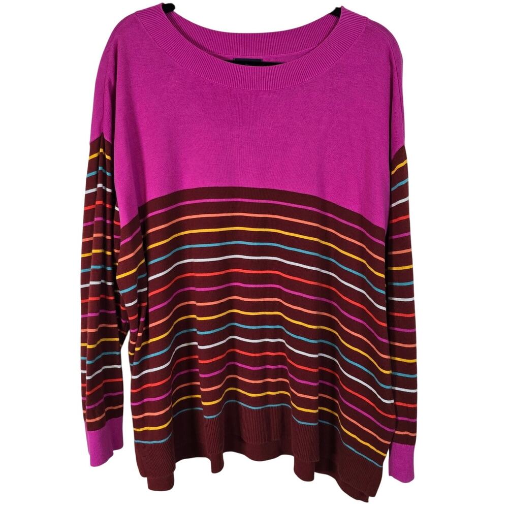 Lands End Sweater Women's 2X Pink Multi Stripe Long Sleeve Casual Coastal Work